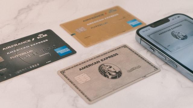 Closeup of multiple American Express credit cards
