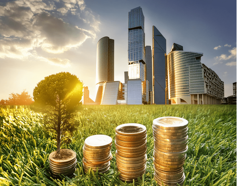 stack of coins sitting on grass outside of a city with nice sky