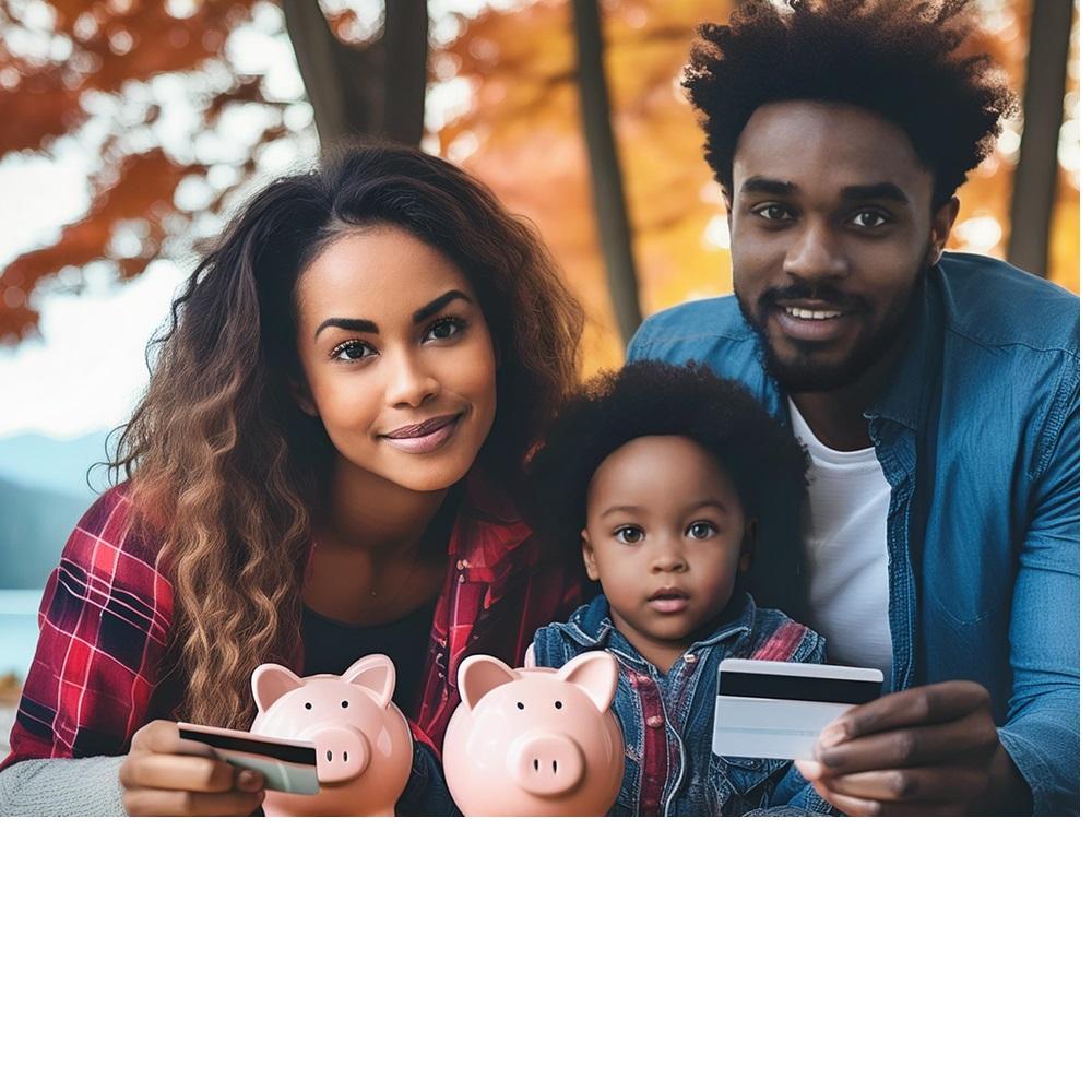 Family holding coins and credit cards with trees in background