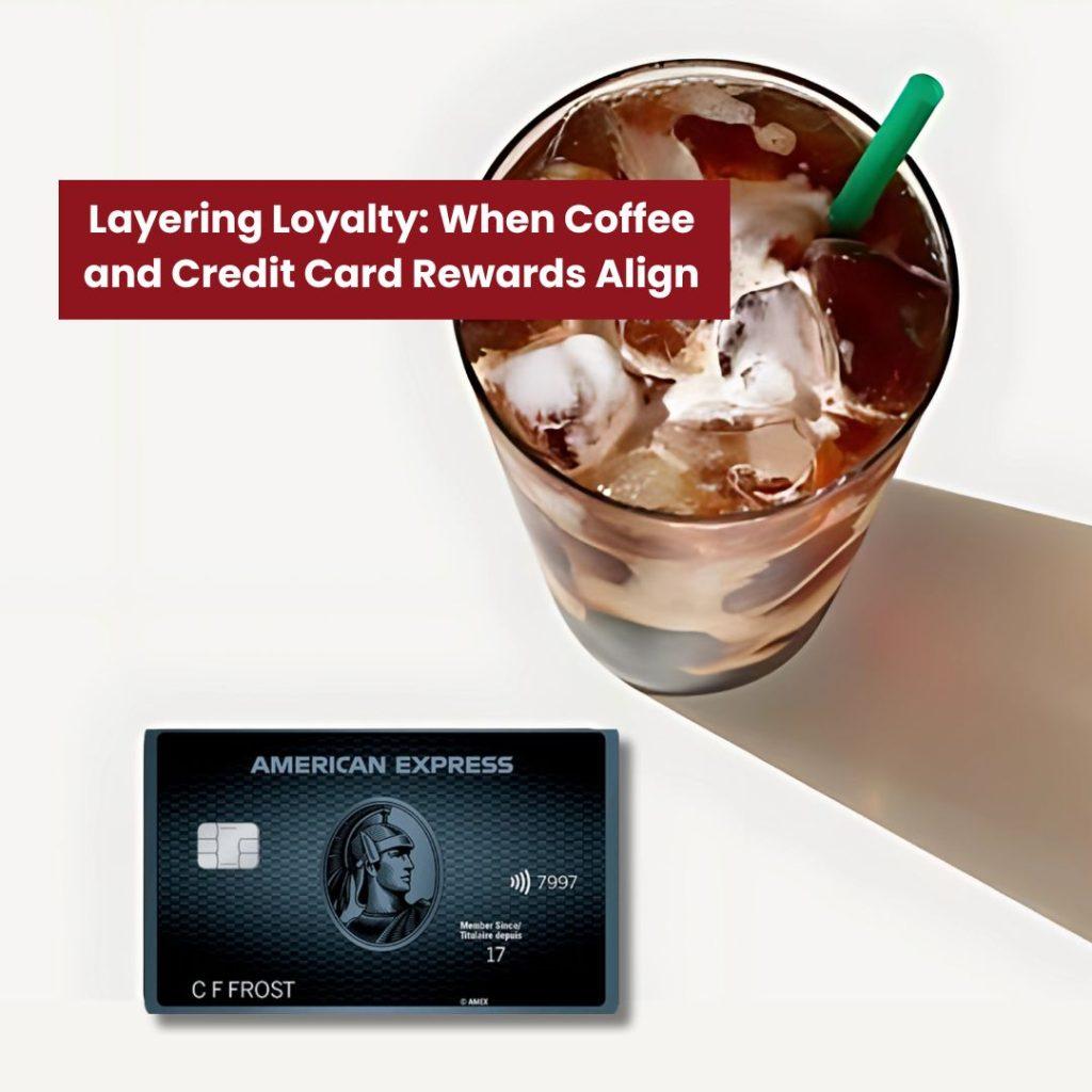 A Starbucks iced coffee beside a branded Visa rewards card, symbolizing the integration of coffee loyalty programs with credit card rewards.