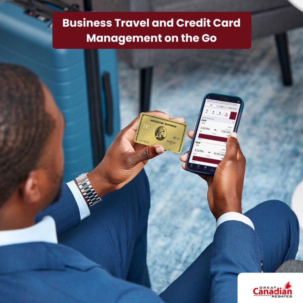 A freelancer in business attire reviewing travel bookings on a smartphone while holding a business credit card, symbolizing mobile expense management for Canadian self-employed professionals.