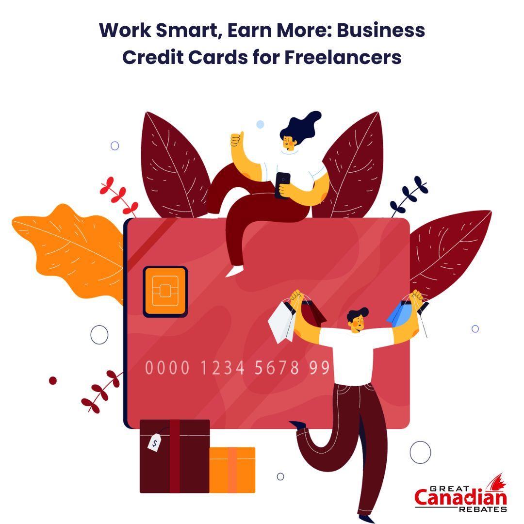 Illustration of two freelancers using a large credit card, symbolizing the benefits of business credit cards for Canadian self-employed professionals.