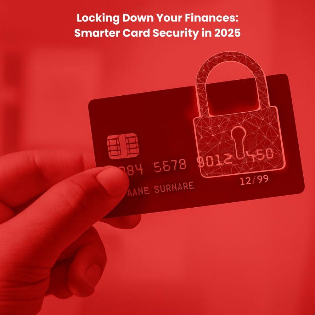 A hand holds a black credit card with a digital padlock icon overlay, symbolizing security and fraud protection in the digital age.