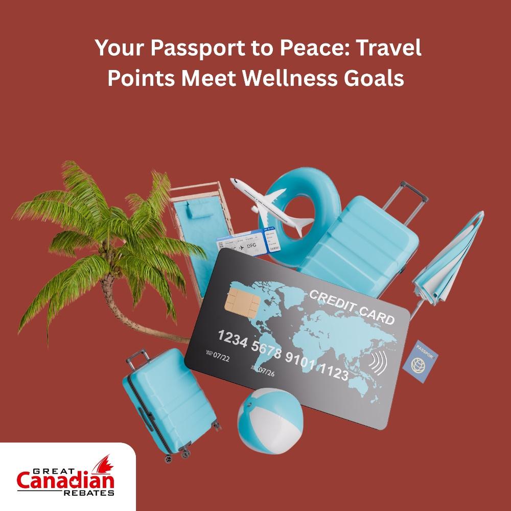 Illustration of a credit card with travel items like luggage, palm tree, and passport, representing how Canadians use points to book wellness getaways.