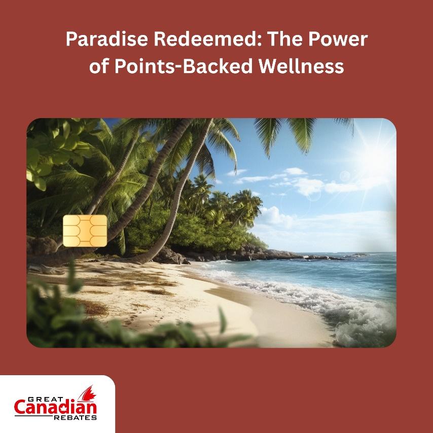 Credit card with a tropical beach background featuring palm trees, blue skies, and crystal-clear water—representing the tranquil escapes made possible through travel rewards points.