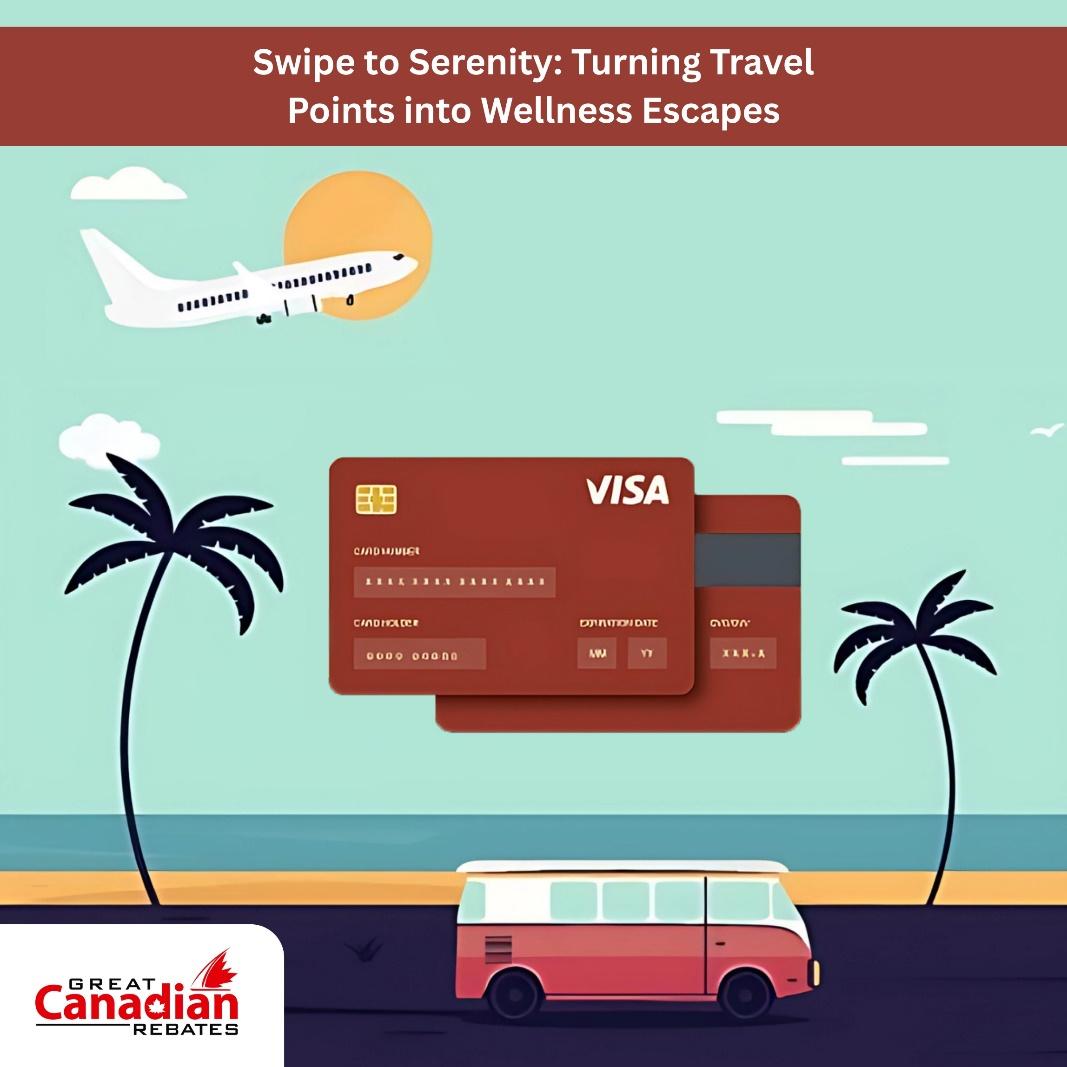 Illustration of a travel credit card, palm trees, a camper van, and a plane over a beach—representing vacation planning using credit card points in Canada.
