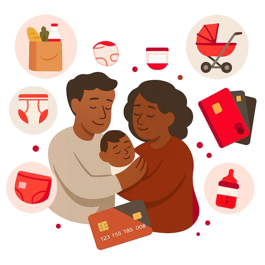 Graphic of a family surrounded by icons for groceries, diapers, formula, and a stroller