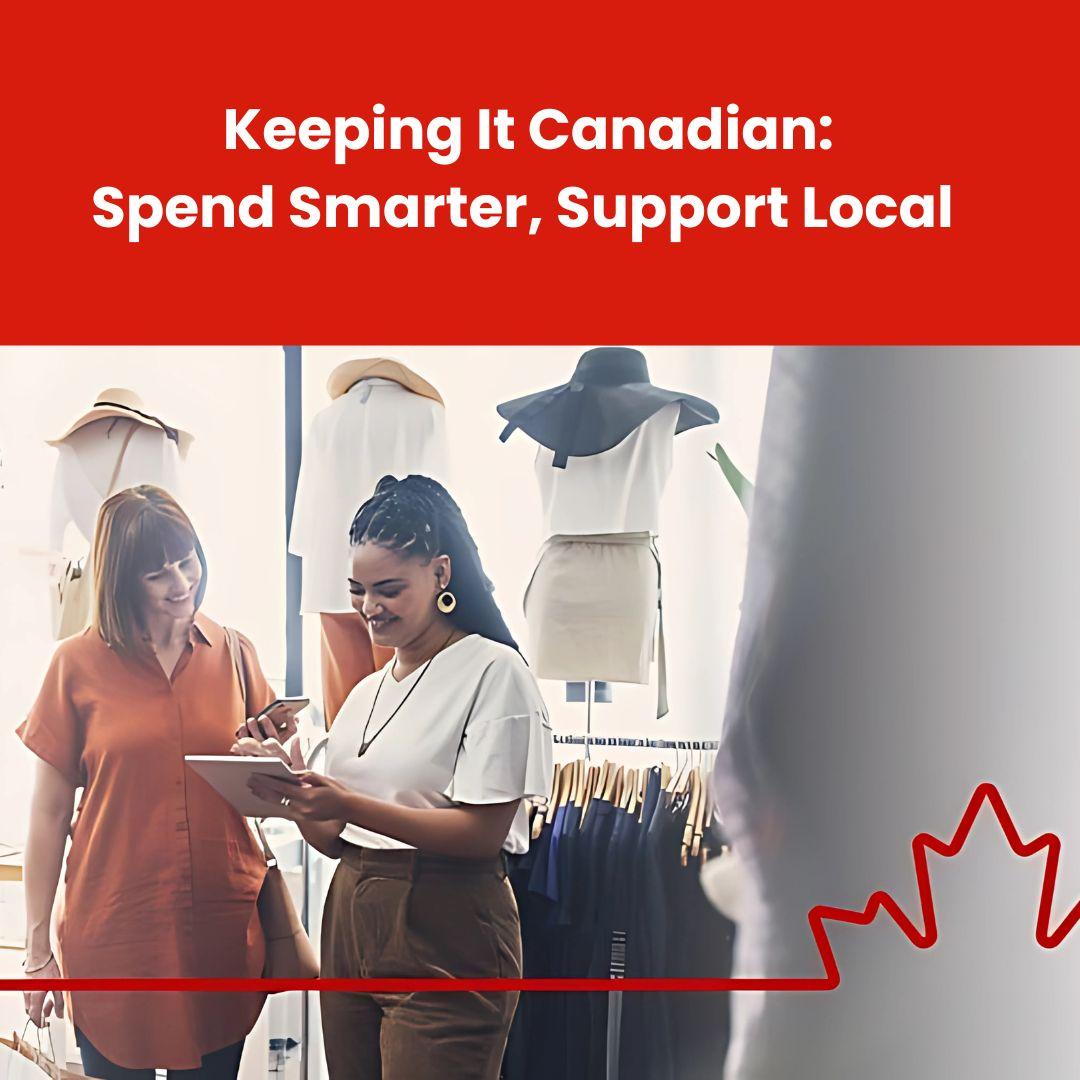 Two Canadian women discussing purchases inside a local clothing boutique, supporting small business.