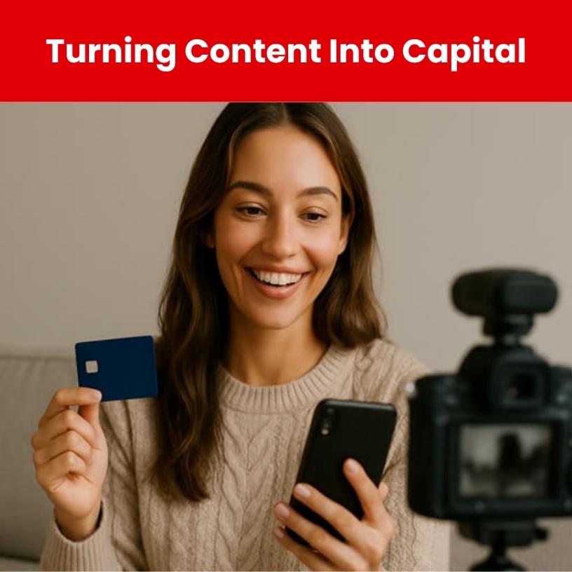 Canadian content creator smiling on camera while holding a credit card and smartphone, filming a video at home.