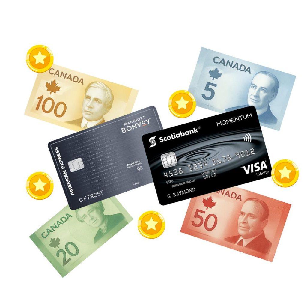 Credit cards surrounded by Canadian dollar graphics and gold stars