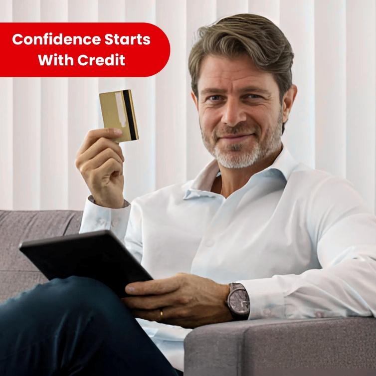 Confident Canadian entrepreneur sitting on a sofa holding a gold credit card and tablet, demonstrating professional financial management.