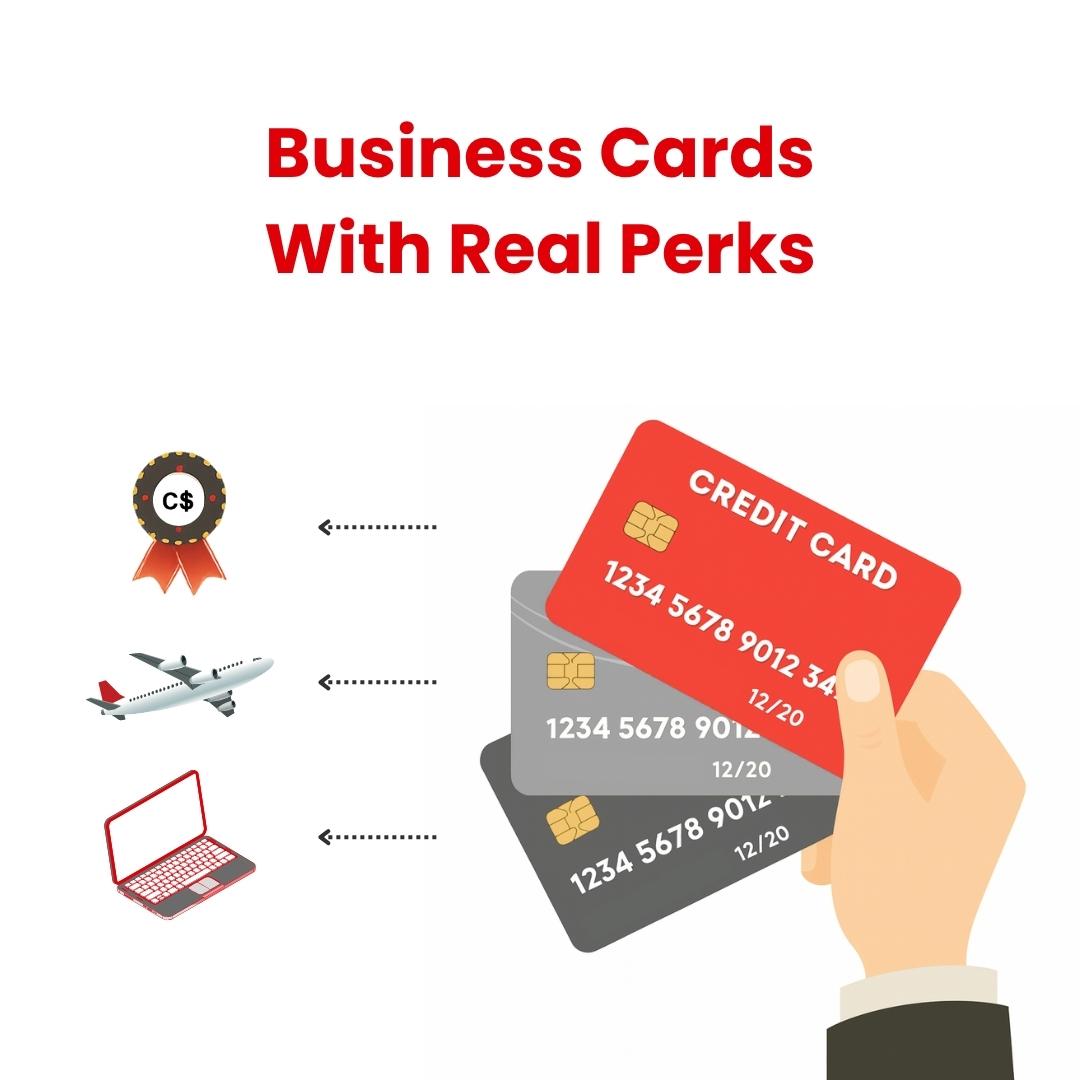 Hand holding a credit card with icons of a laptop, airplane, and more