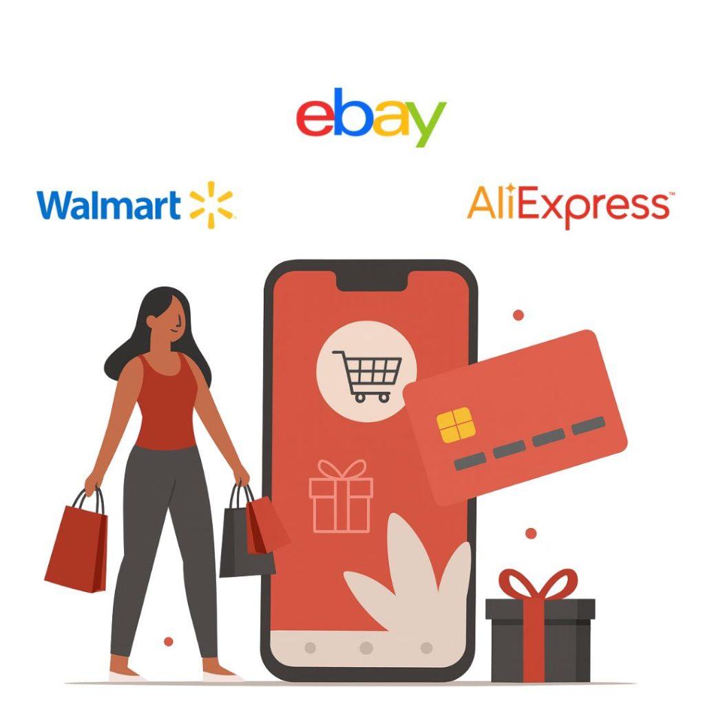 Graphic with a woman holding shopping bags and logos for Walmart, AliExpress, and eBay.