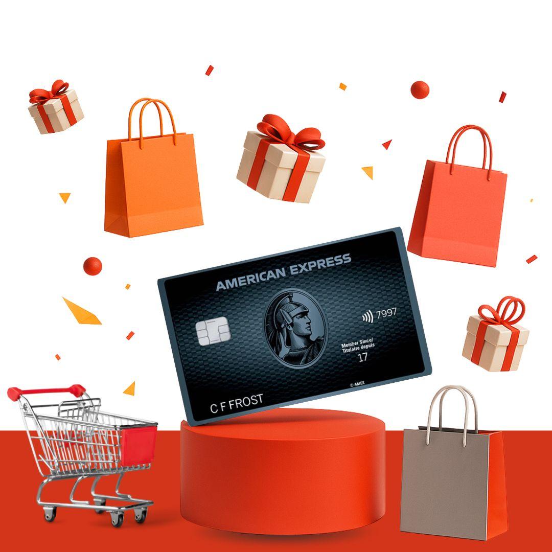 A credit card with shopping bags and gifts