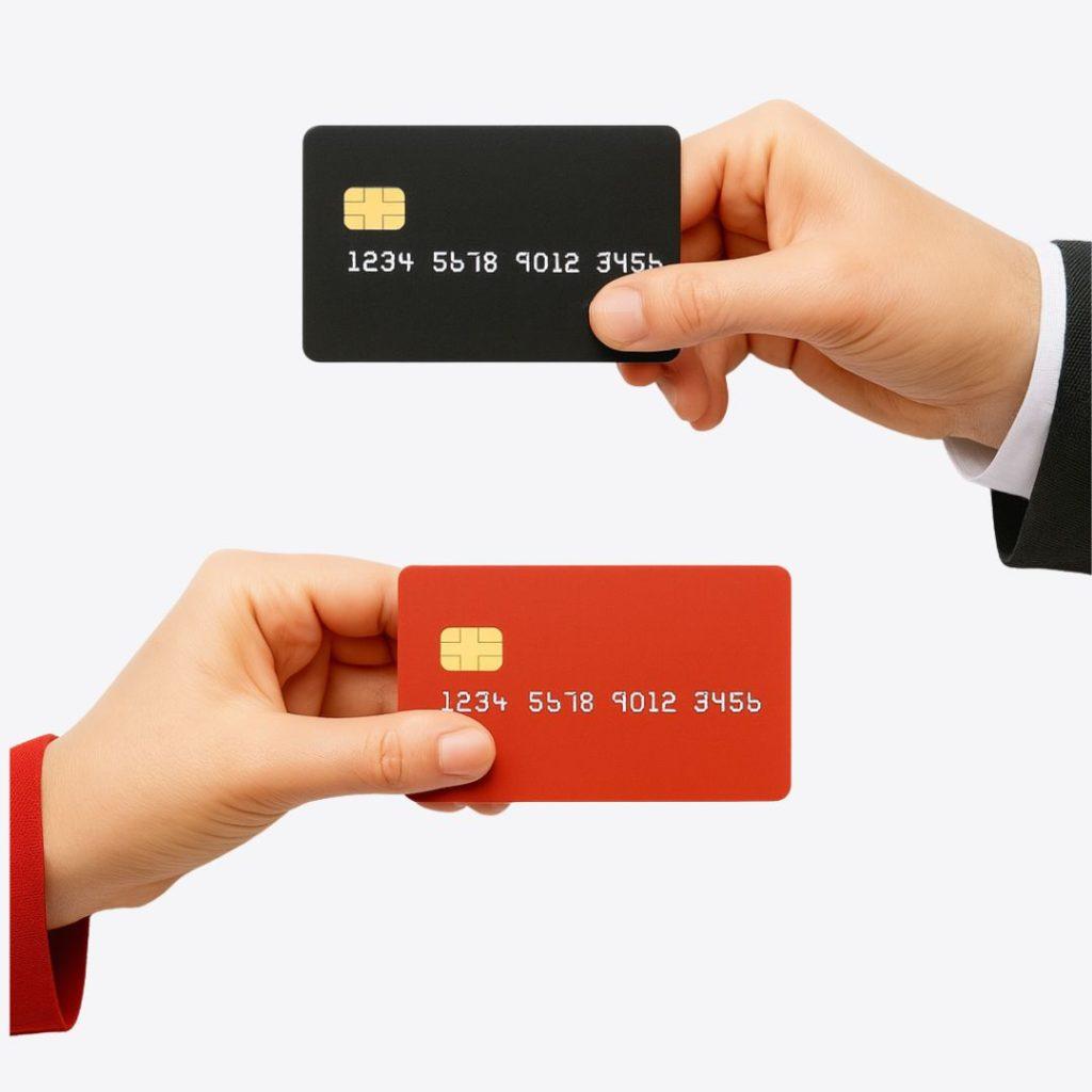 Graphic illustration of two hands, each holding a different coloured credit card