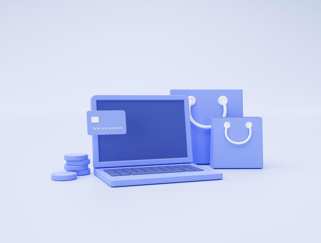 3D-style blue graphic of a laptop, shopping bags, and stacked coins
