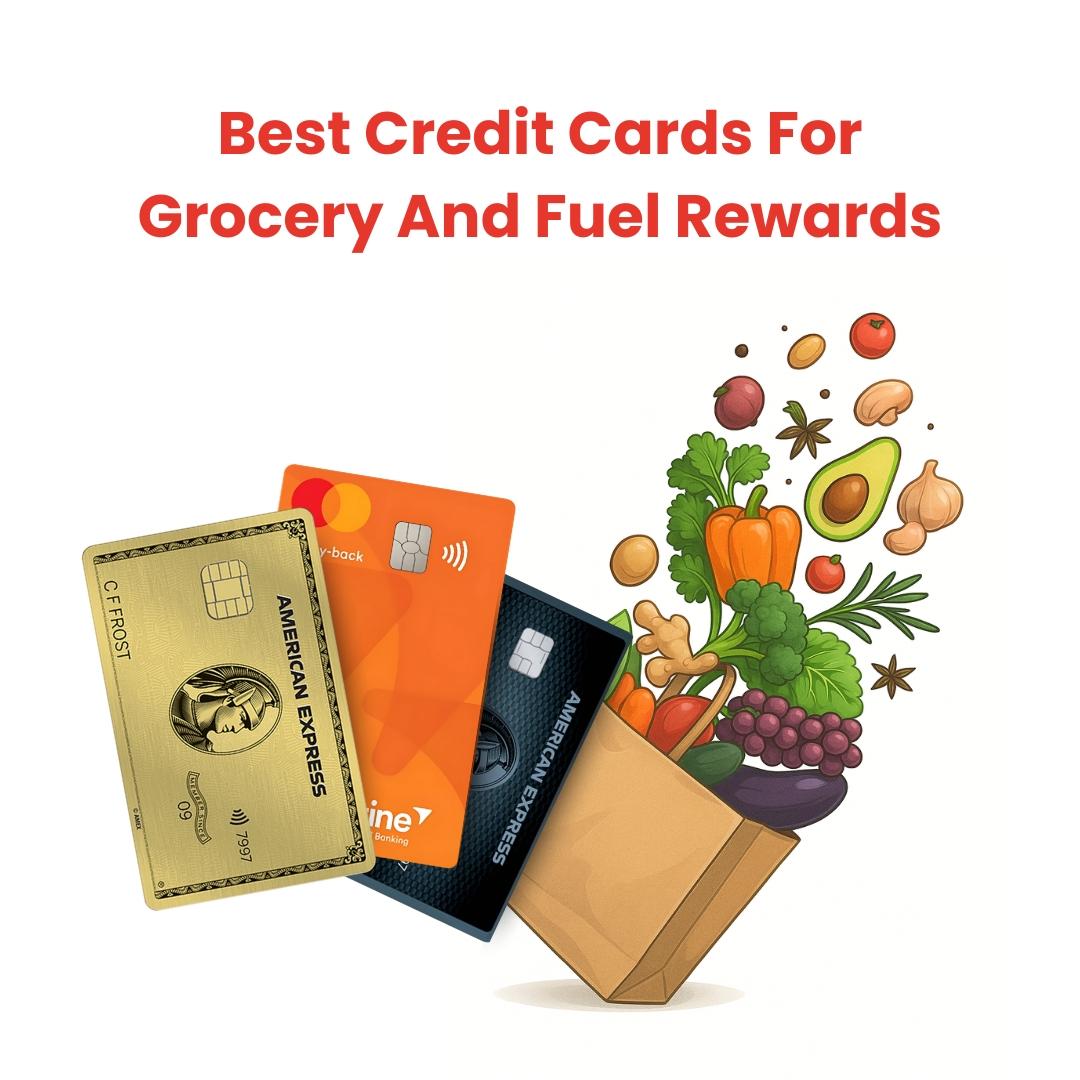 Graphic showing grocery items with credit cards