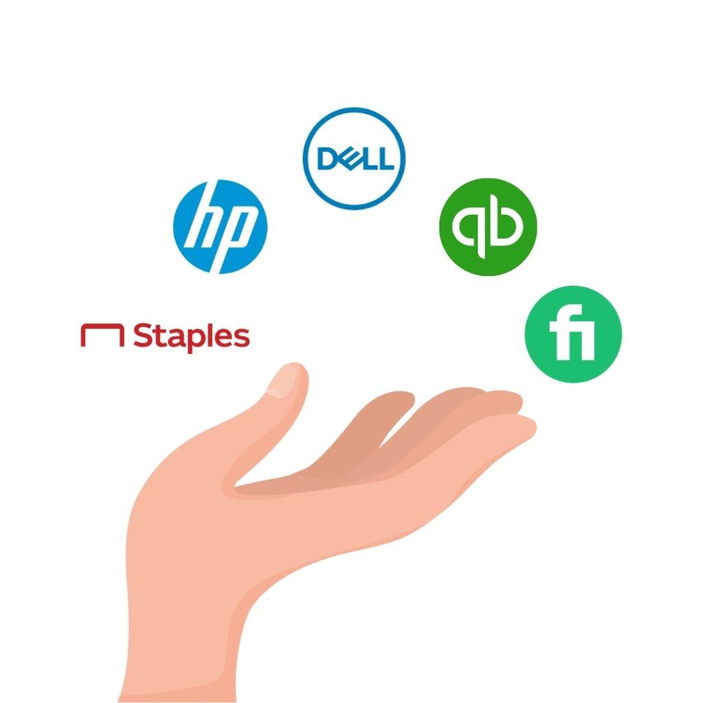 Hand reaching upward with floating logos of QuickBooks, HP, Dell, Staples, and Fiverr
