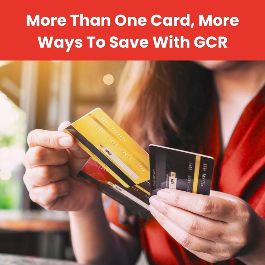 Close-up of a woman holding multiple credit cards, symbolizing a smart credit strategy in Canada for earning rewards and leveraging GCR for greater financial benefits.