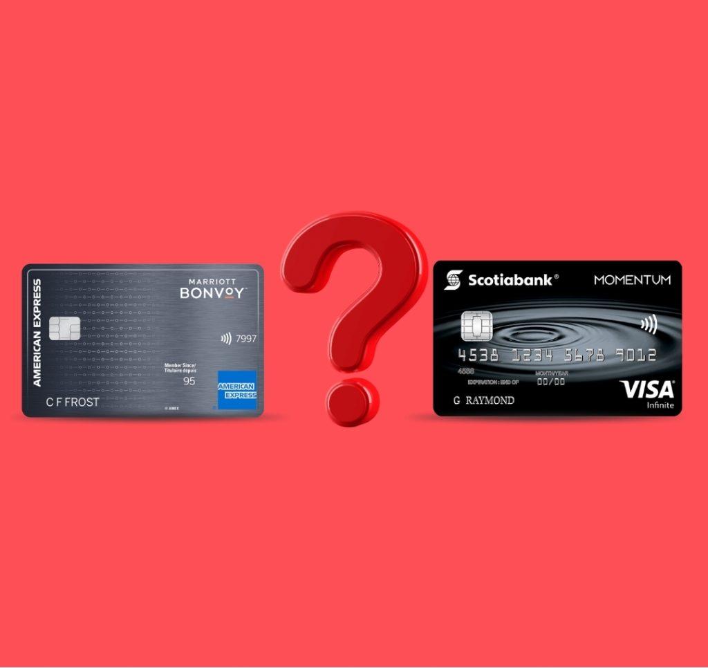 Two credit cards placed side by side with a red 3D question mark between them