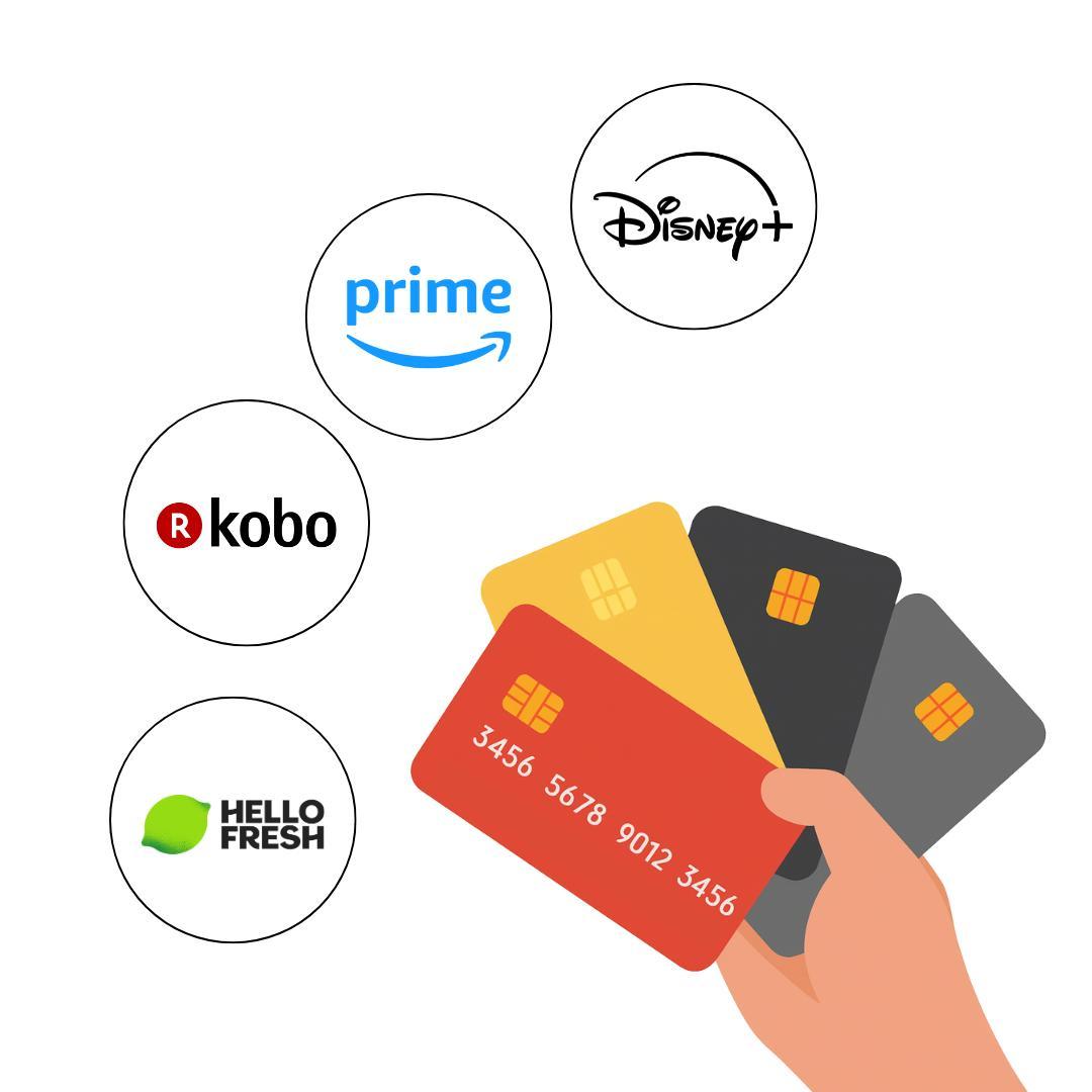 Credit cards held over streaming logos