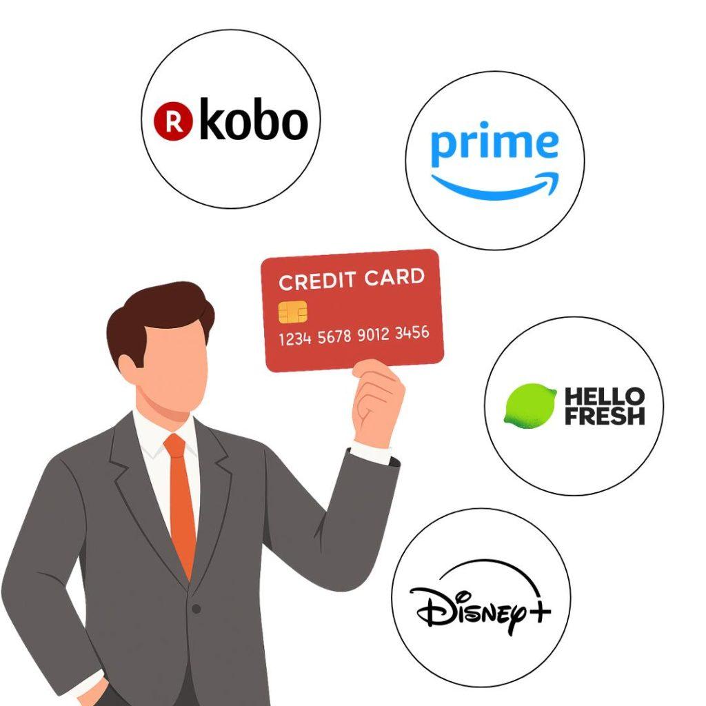 Person holding a credit card with icons of subscription services in the background