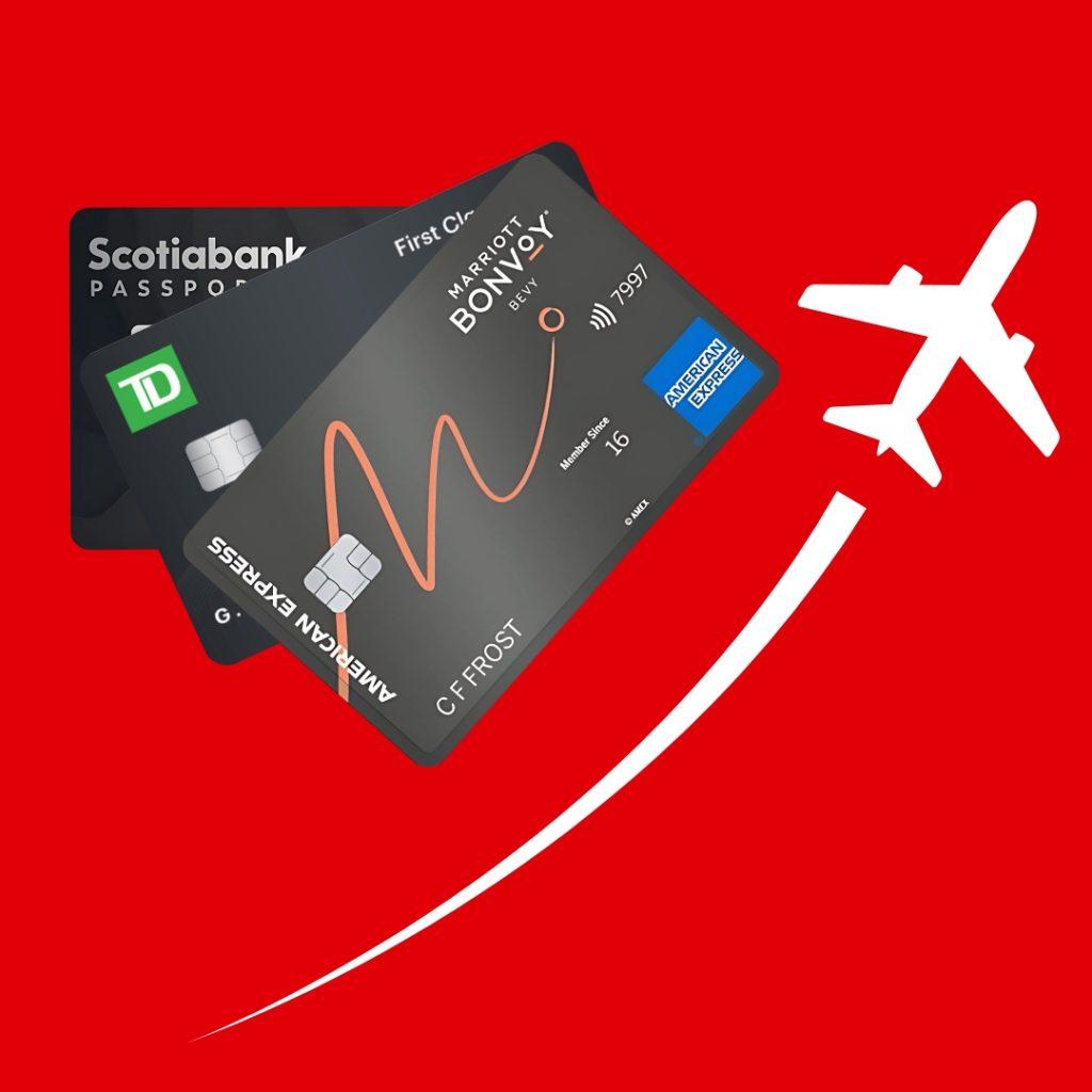 Credit cards with airplane overlay representing travel rewards