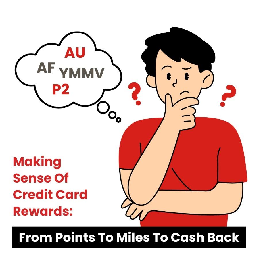 Illustration of a confused person surrounded by acronyms like AF, AU, and P2, symbolizing the complexity of credit card rewards terminology.