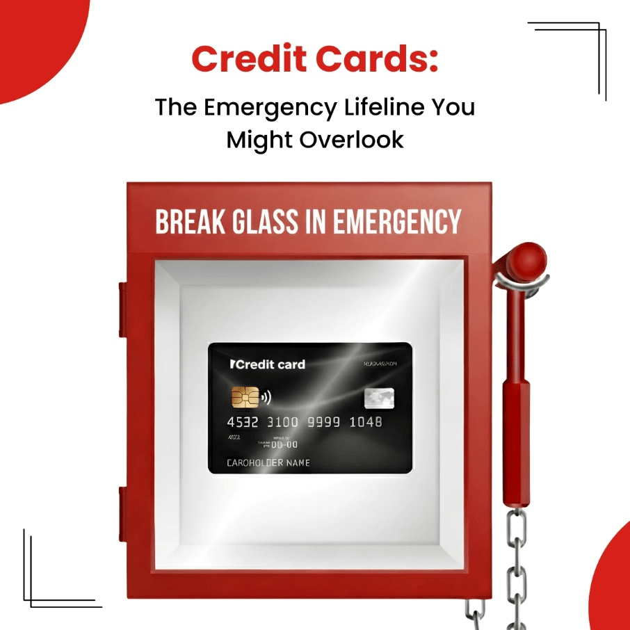 A red emergency box containing a credit card with the words “Break Glass in Emergency,” symbolizing the role of credit cards as a financial backup during crises.