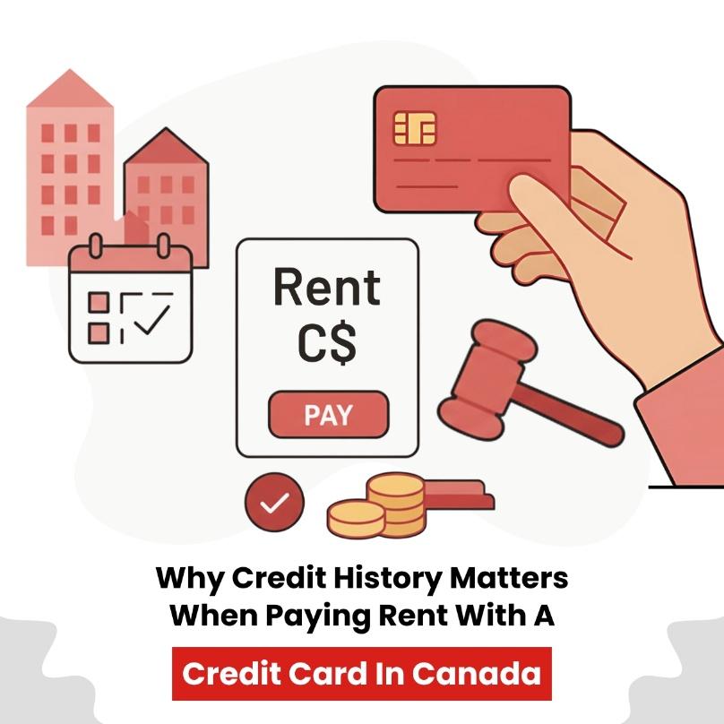 Illustration of a hand holding a credit card while paying rent in Canada, symbolizing the role of credit in rental approvals and deposits.