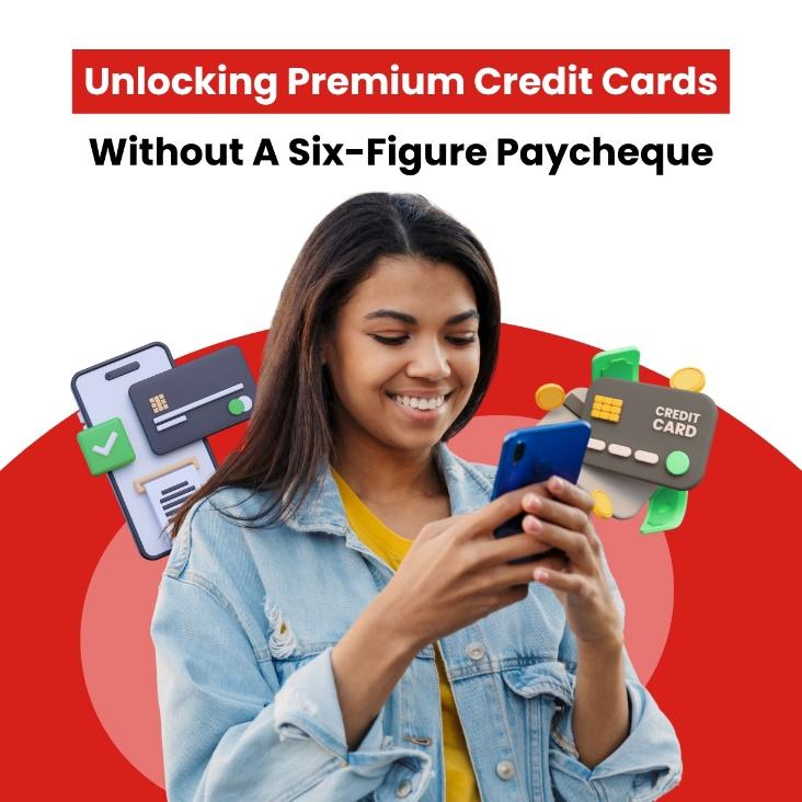 Woman smiling while holding her phone with icons of a credit card and an app in the background, symbolizing credit card approval without high income.