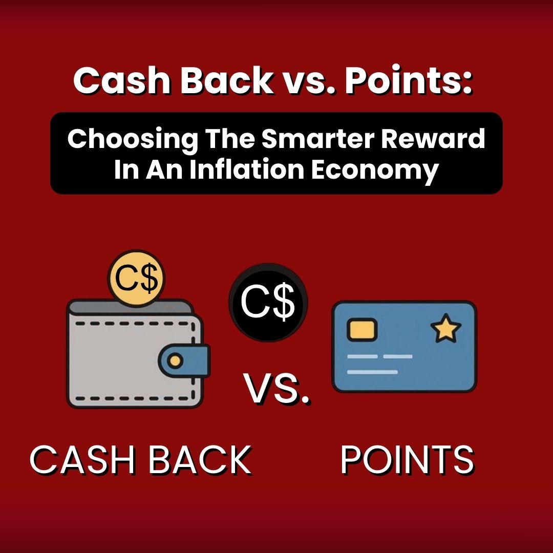 Illustration comparing cash back rewards and points-based credit card rewards, showing how Canadians choose between immediate cash back and flexible points value during inflation.