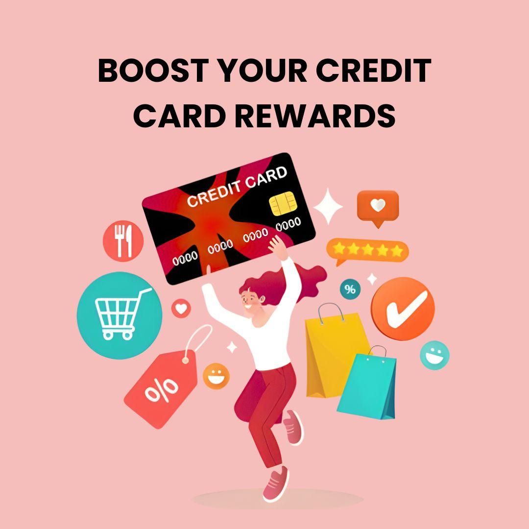 This image shows a happy woman with a credit card and its rewards.