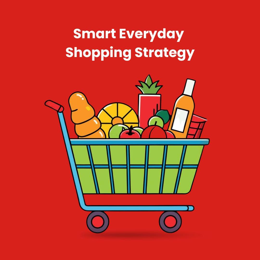This photo shows a shopping cart filled with fruits, vegetables, bread, and milk.