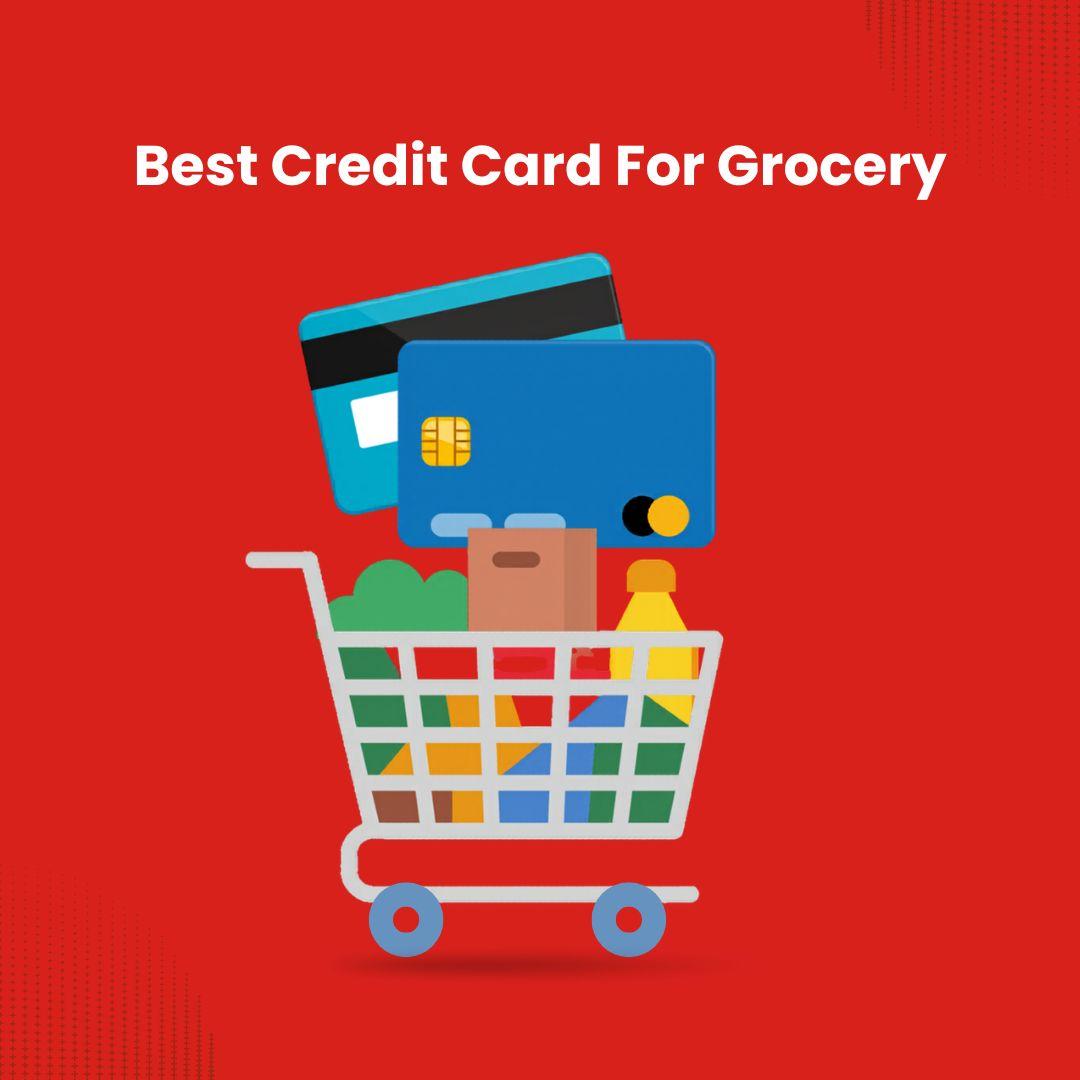 This image shows two credit cards and a trolley full of grocery items.