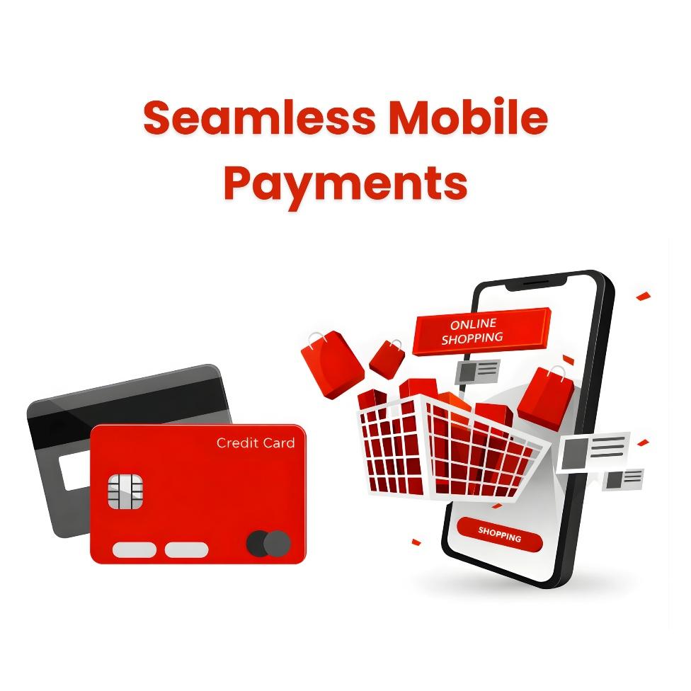This image shows digital payment illustration with credit cards and a smartphone.