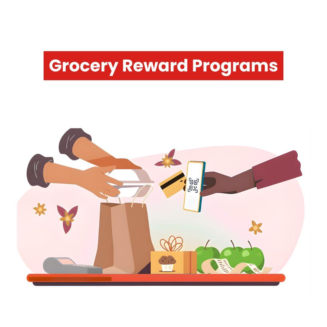 This image shows a buyer paying for groceries and getting rewards on a credit card.