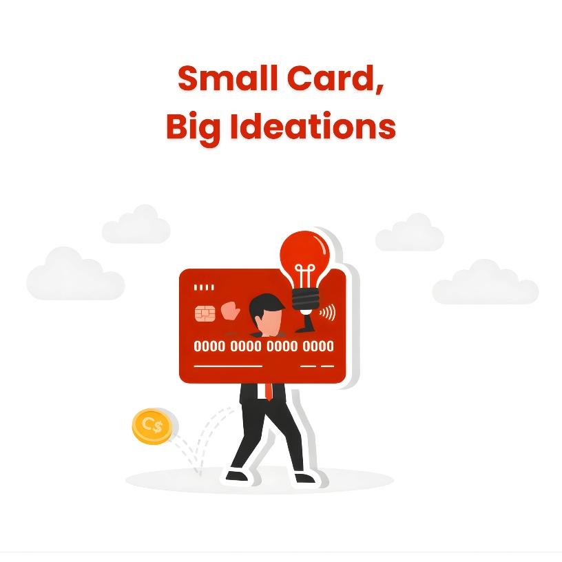 This image shows a boy getting an idea while using a credit card.