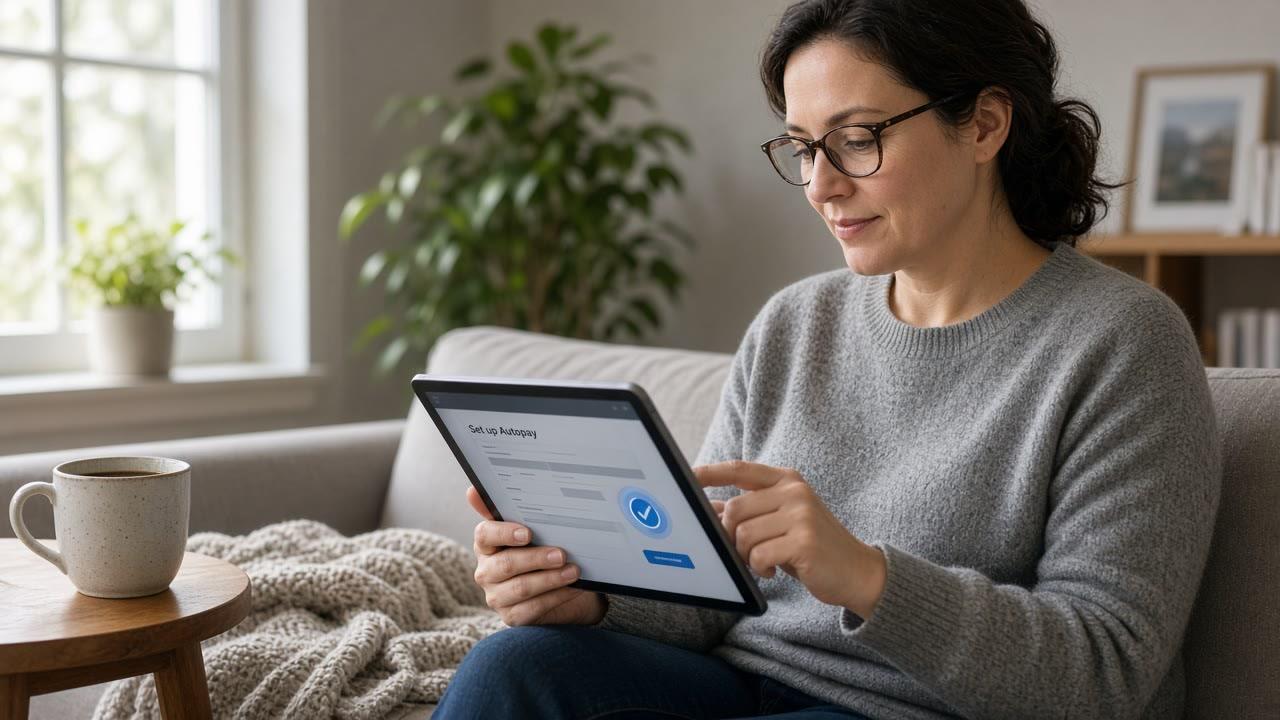 Person setting up credit card autopay on a tablet at home
