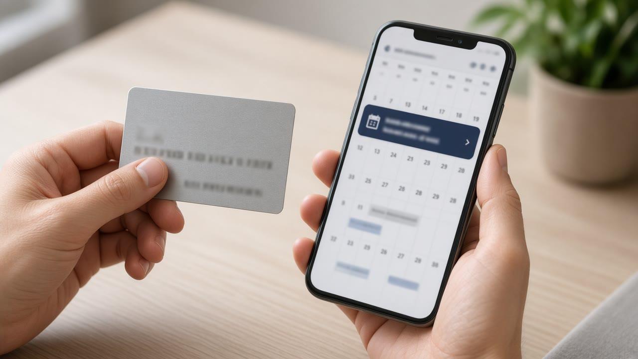 Hands holding a credit card and phone calendar to avoid missing credit card payments