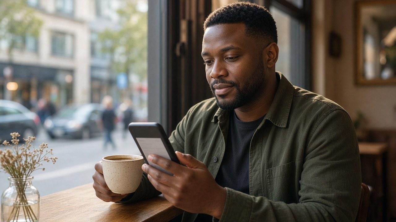 Person checking a credit card billing cycle balance on a phone in a cafe