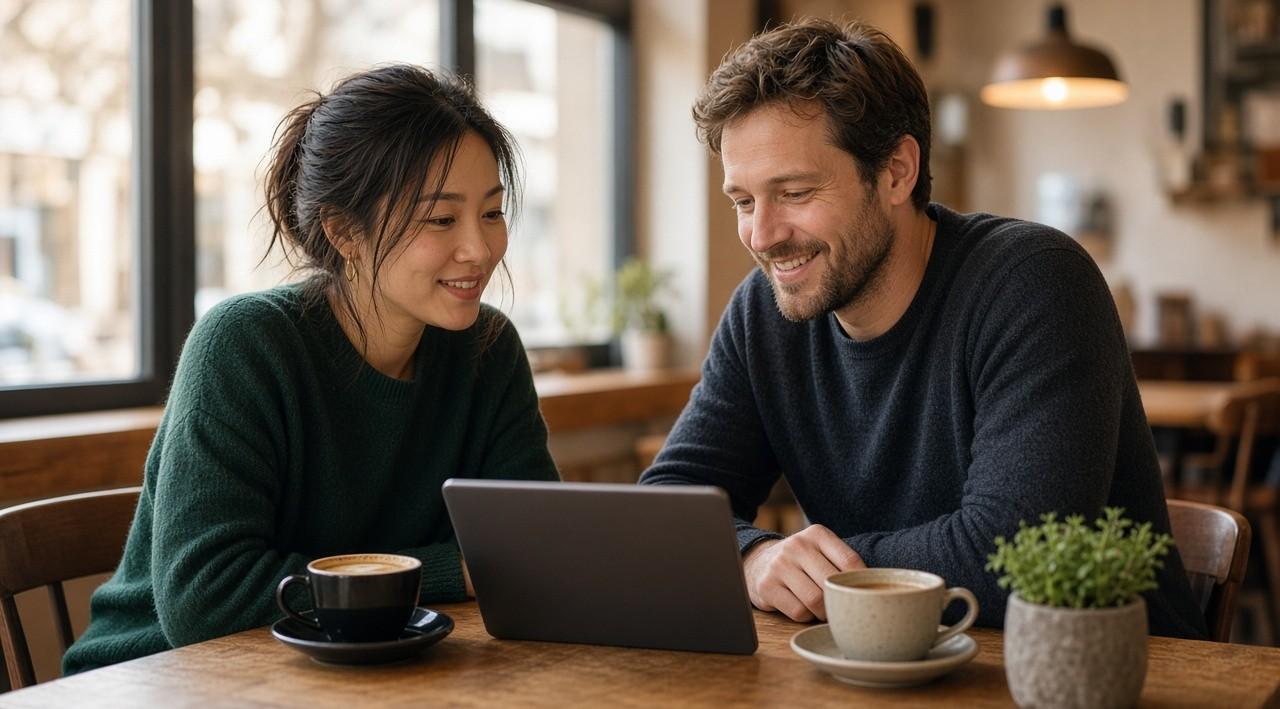 Couple at a Canadian cafe reviewing phone coverage options on a tablet