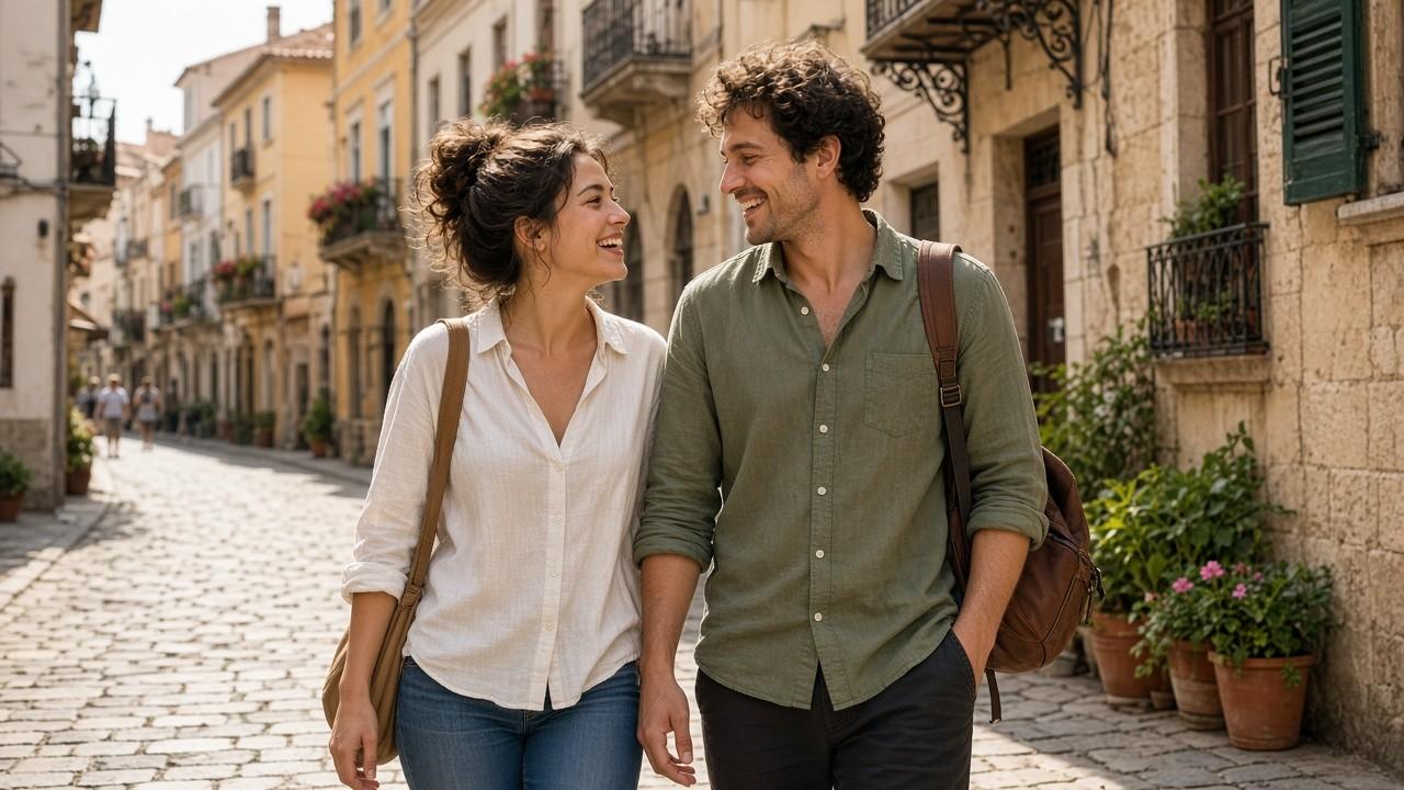 Couple exploring a sunny street abroad during a short vacation