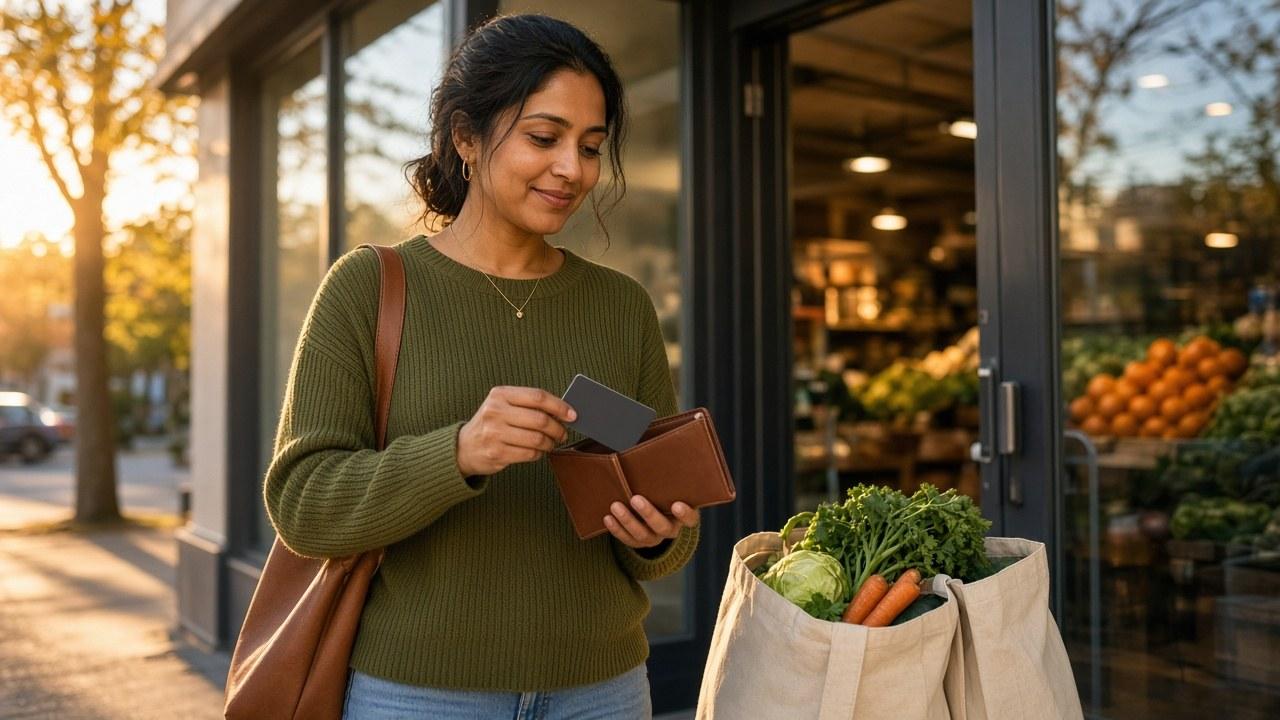 Shopper using a credit card after groceries during a billing cycle