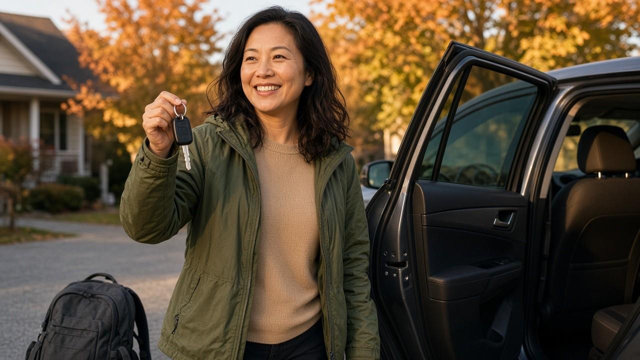 Driver holding rental keys after activating credit card rental car insurance