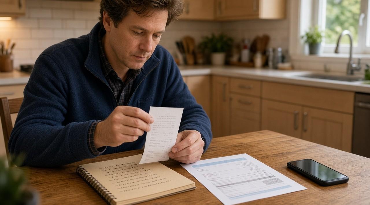 Person organizing a receipt and wireless bill for a credit card mobile device insurance claim