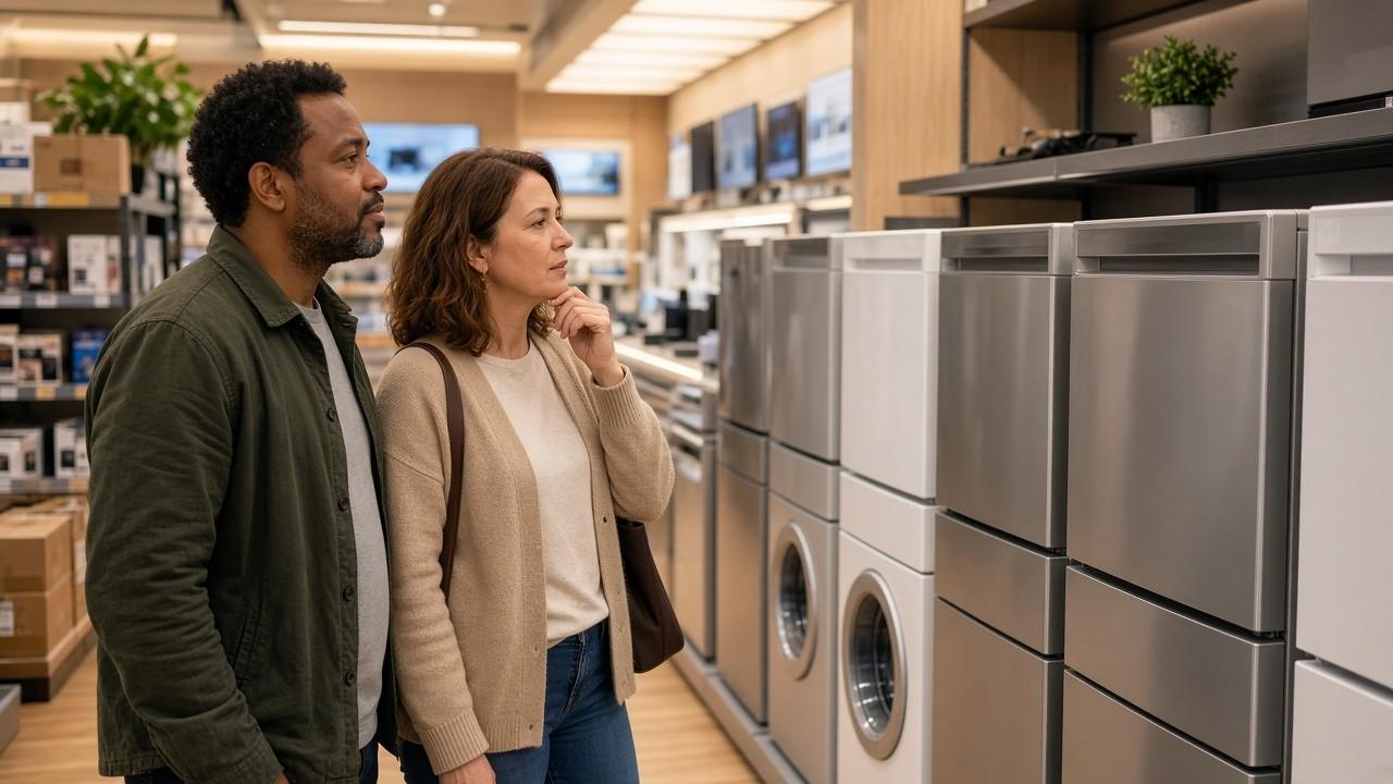 Couple shopping for a home electronics item in a Canadian store aisle