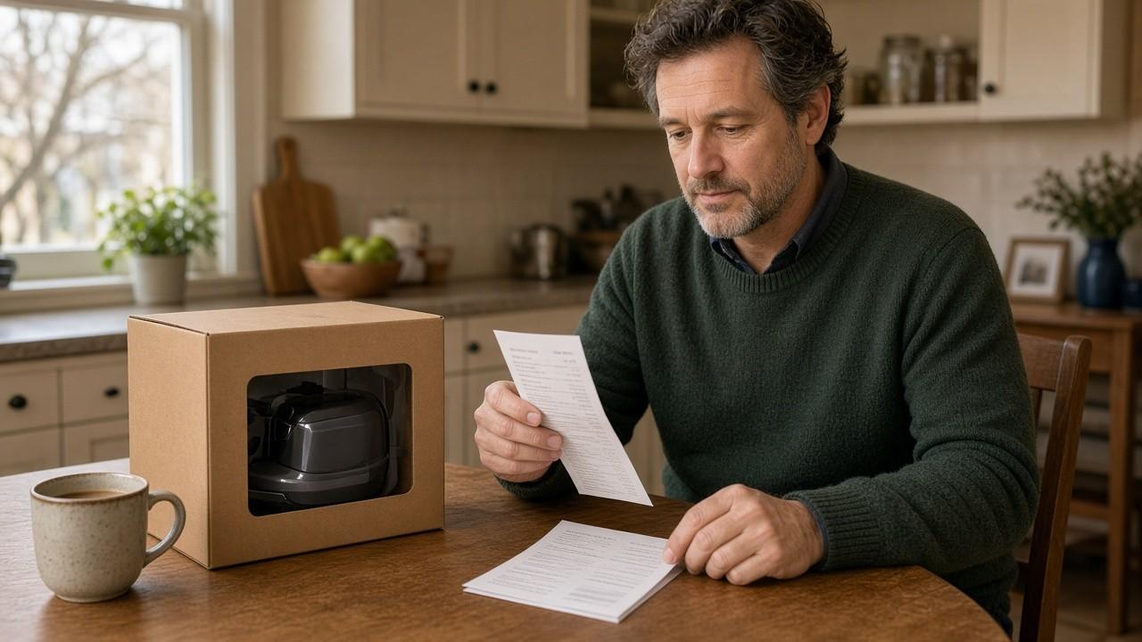 Person comparing a receipt and warranty booklet for credit card extended warranty coverage