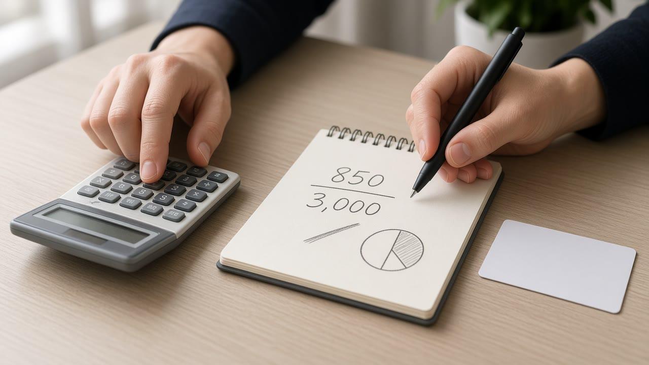 Calculating credit utilization in Canada with a notebook and blank card
