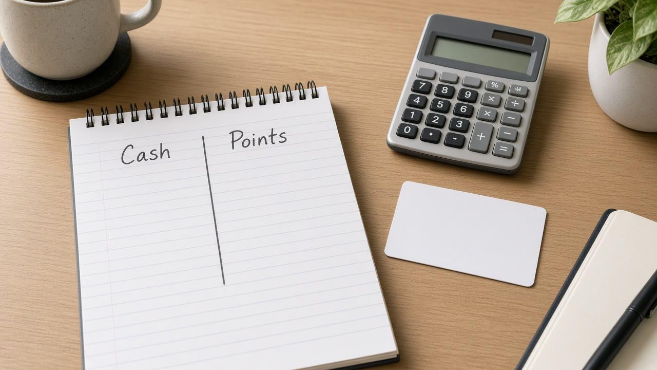 Notebook comparing cash back vs points credit cards beside a calculator
